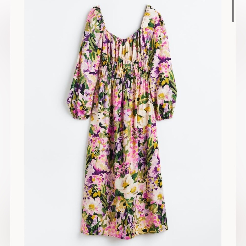 NWT H&M midi dress Balloon Sleeve Purple Green Floral Smocked | Plus Sz 4XL